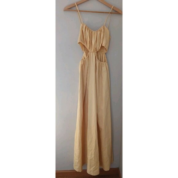 Abercrombie & Fitch Cut Out Maxi Dress Size Medium Tall Yellow Sleeveless Ruched - Picture 1 of 8